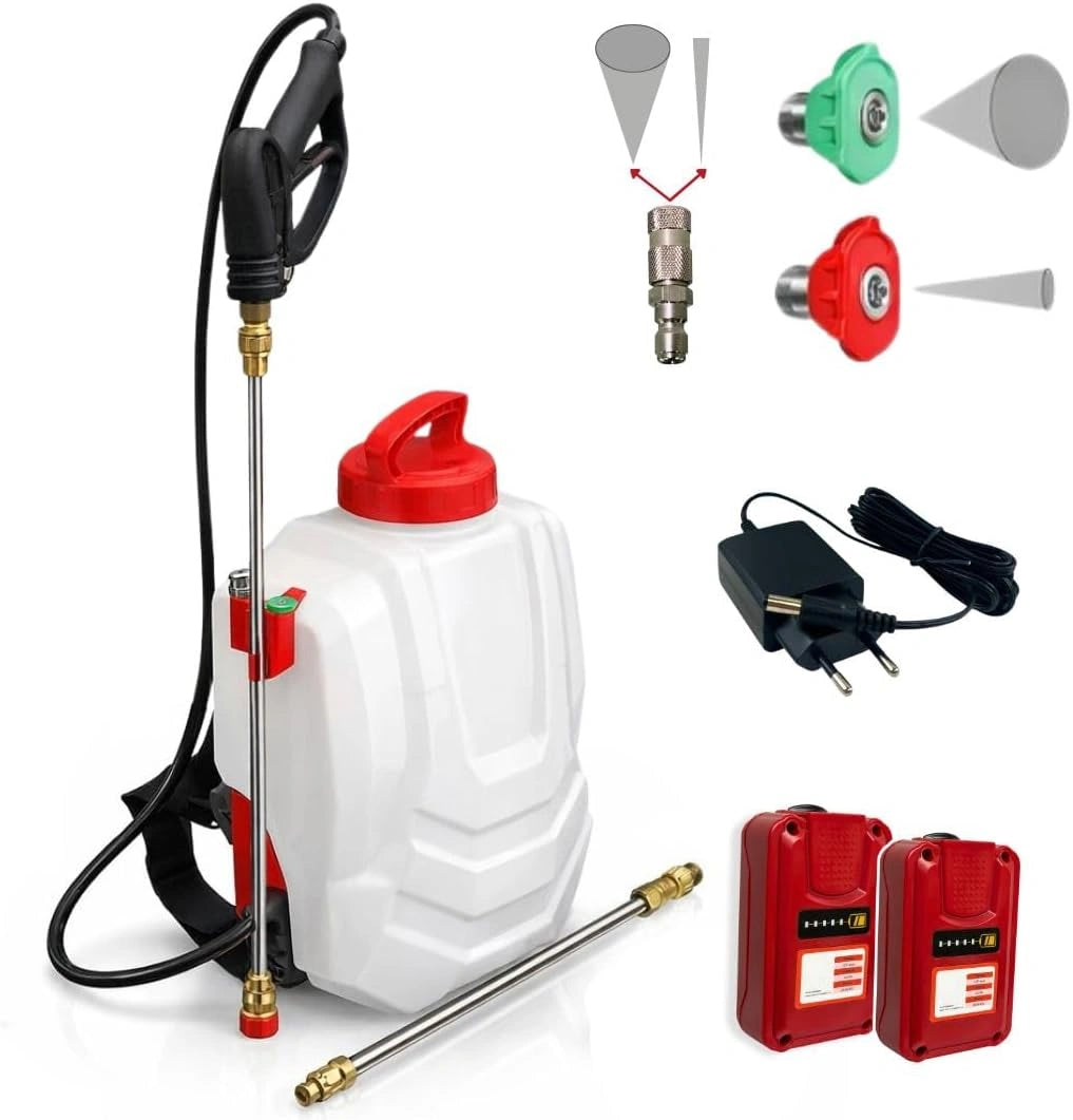 Pulvérisateur Électrique Dorsal 15L à Batterie Rechargeable - Débit de 180 L/H, 2 Batteries, Blanc/Rouge