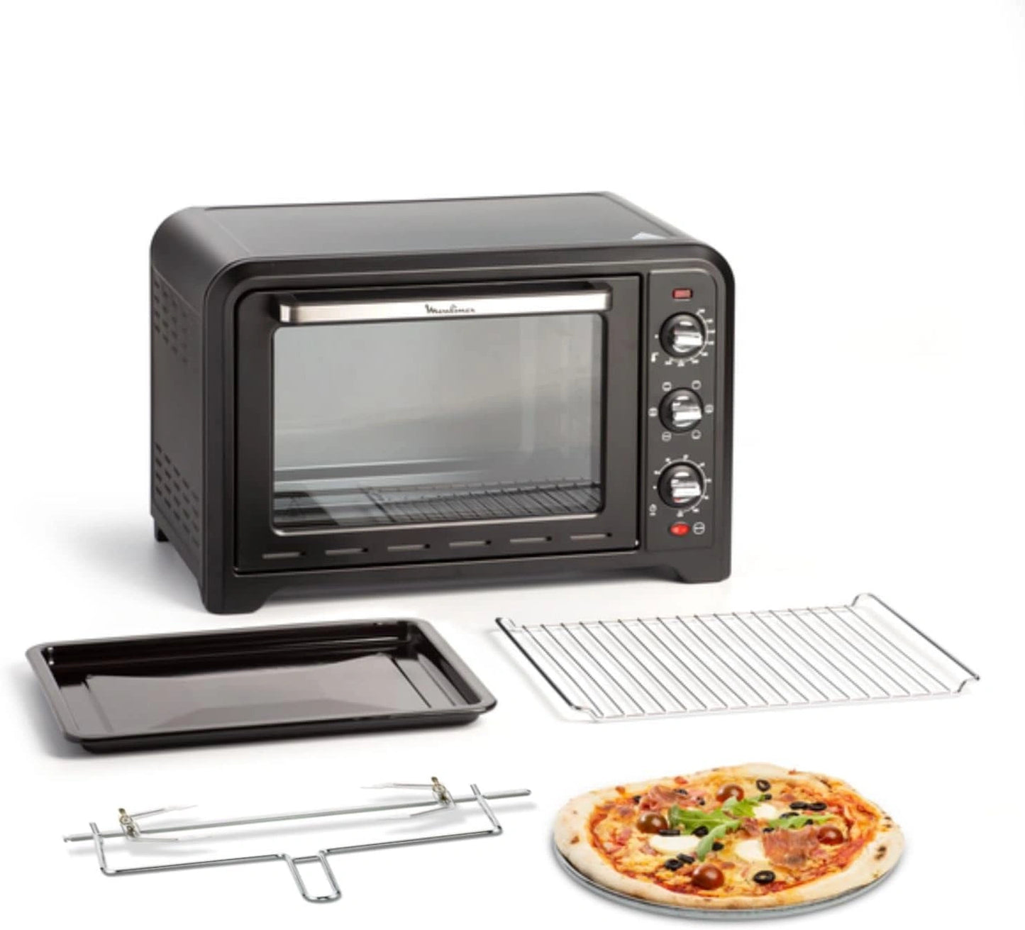 Four électrique Moulinex 39L, 7 fonctions de cuisson, chaleur tournante, thermostat jusqu'à 240°C, tournebroche, minuteur 120 min, grille réversible, Optimo noir
