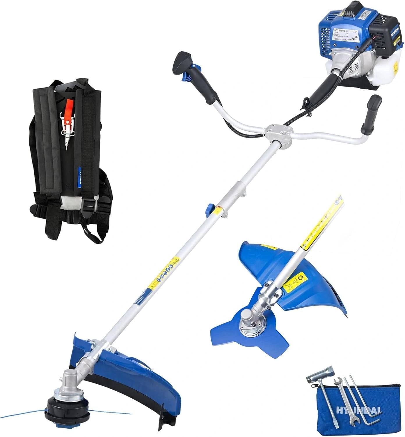 Débroussailleuse Hyundai 2-en-1 56 cm³, Lame 3 Dents, Tête Nylon 43 cm, Arbre Divisible, Harnais, Garantie 3 Ans