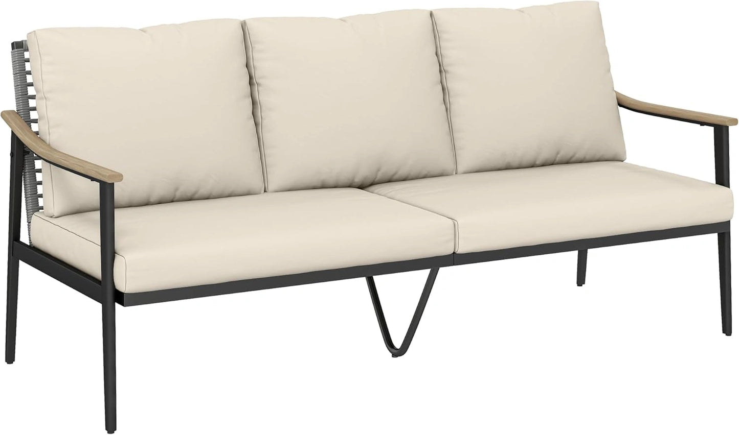 Canapé de Jardin 3 Places en Rotin Résistant avec Coussin Déhoussable