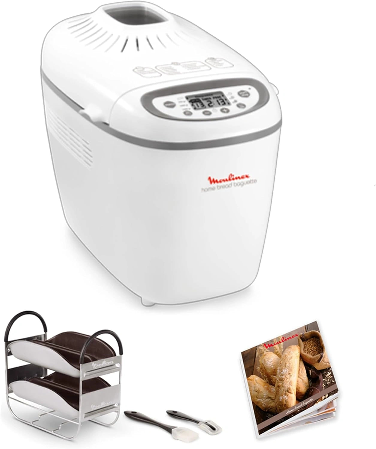 Machine à Pain Moulinex Baguette, 16 Programmes, Jusqu'à 1,5 kg, Plaques Dorées, Blanc