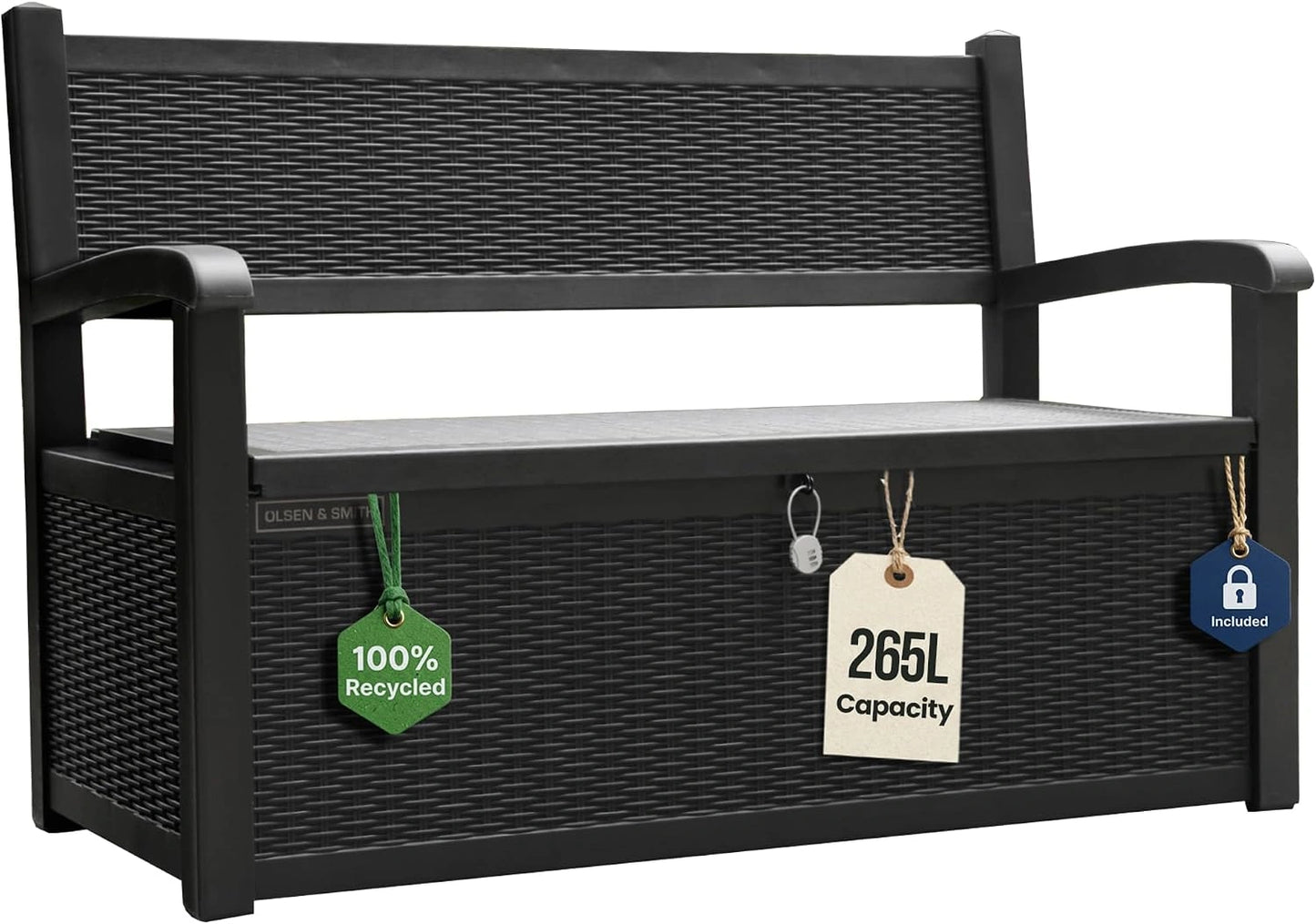Coffre de Rangement Extérieur en Plastique Résistant aux Intempéries 265L - Effet Rotin, Fermable - Idéal pour Jardin, Balcon, Terrasse (Noir)