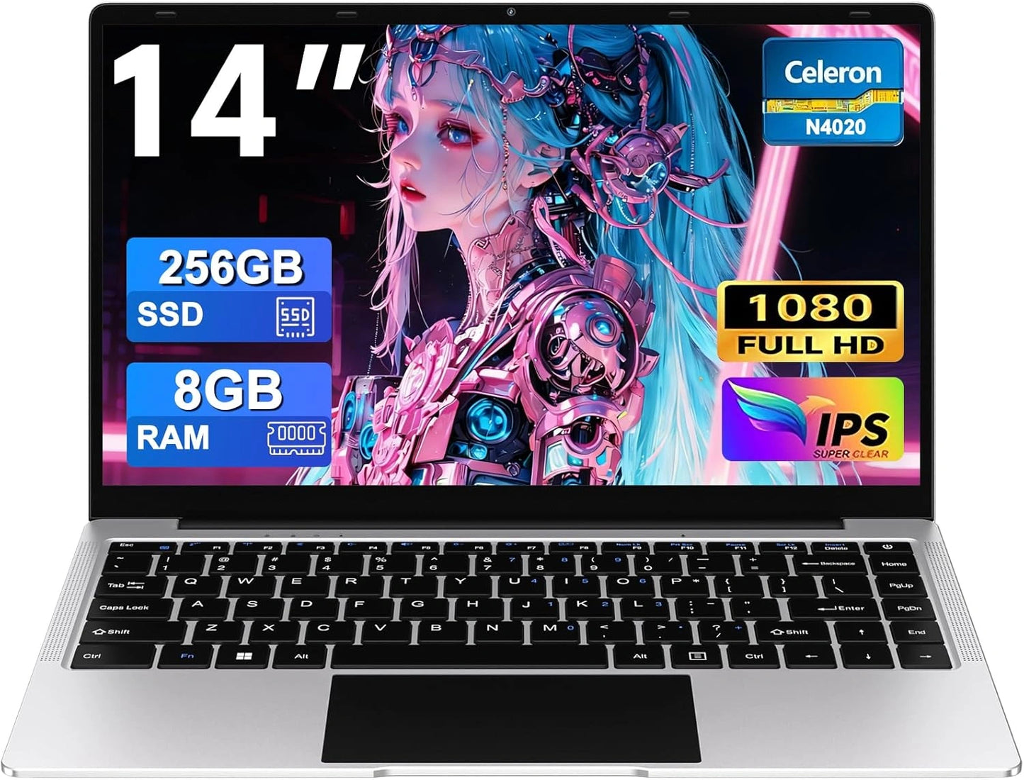 Ordinateur Portable 14'' 8Go RAM 256Go SSD, Celeron N4020, Windows 11, WiFi Dual Band, AZERTY, Argent