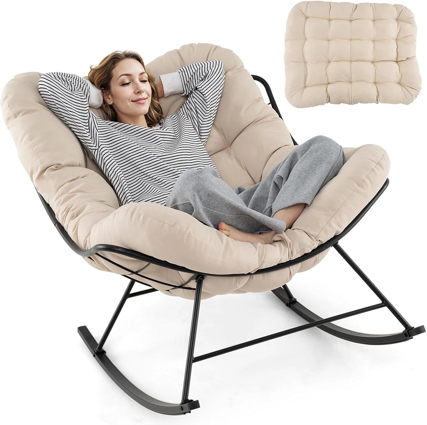 Fauteuil à Bascule Papasan Intérieur Extérieur avec Coussin Beige 205KG
