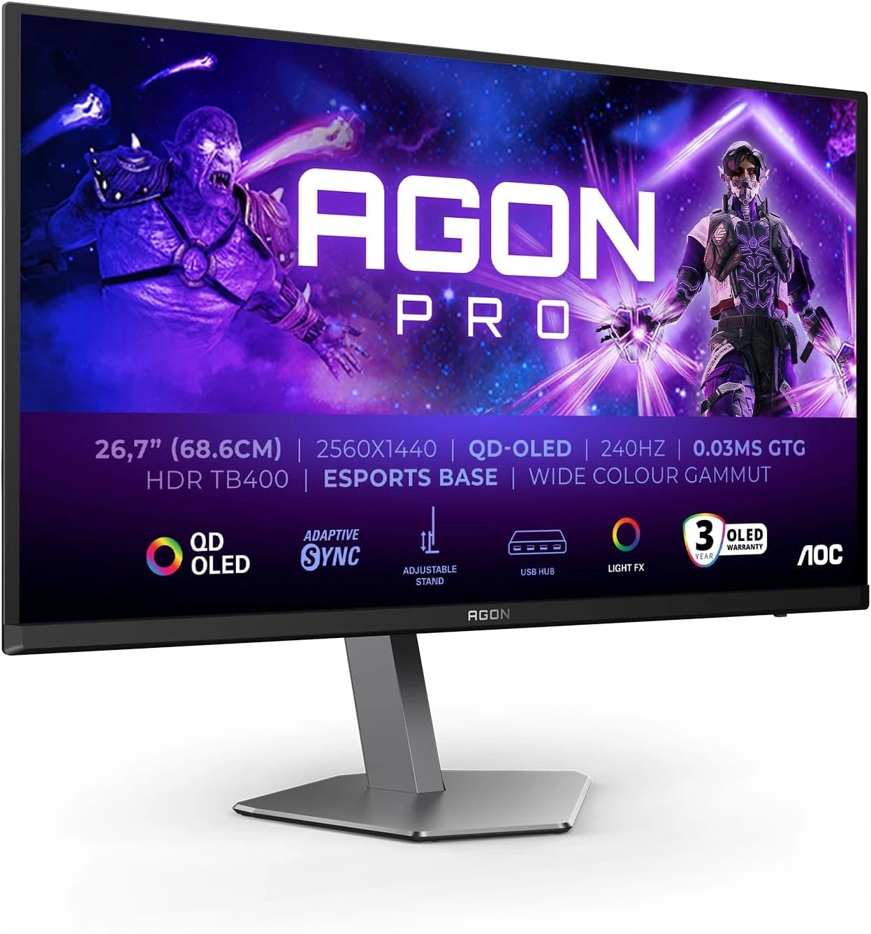 Écran AOC 26.5" QD-OLED 240Hz, Réponse 0.03ms, HDR400, FreeSync Premium, G-Sync, Réglable, Haut-parleurs, Hub USB, Résolution 2560x1440