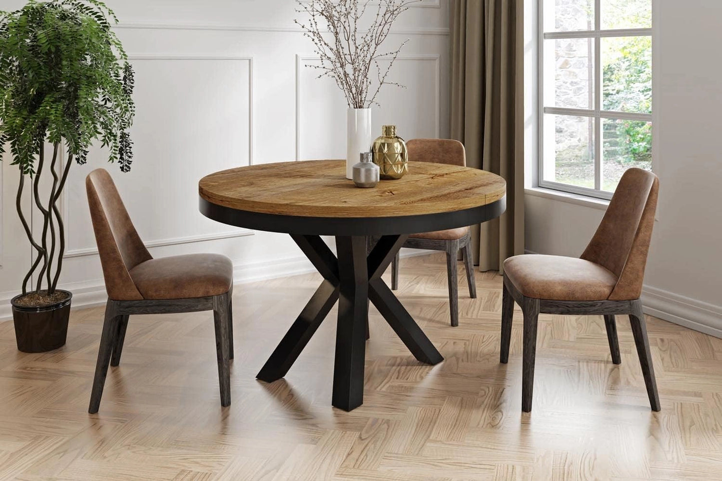 Table à Manger Ronde Extensible Style Industriel – Pieds Métalliques Noirs – Gain de Place pour Salon – Chêne Lefkas 120 cm