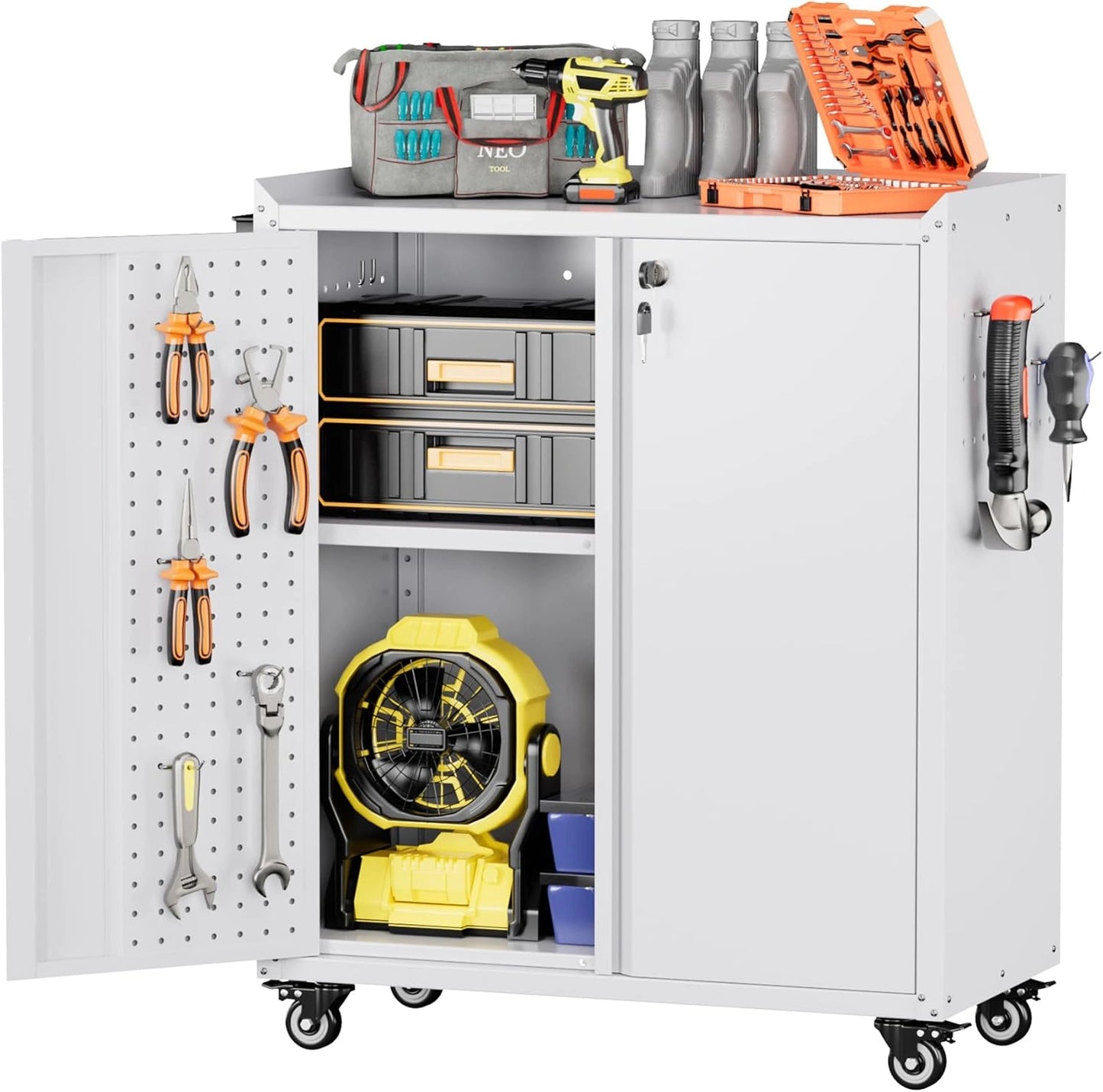 Armoire à outils métallique avec roulettes et panneaux perforés, 87x66x35 cm, rangement sécurisé pour garage ou atelier