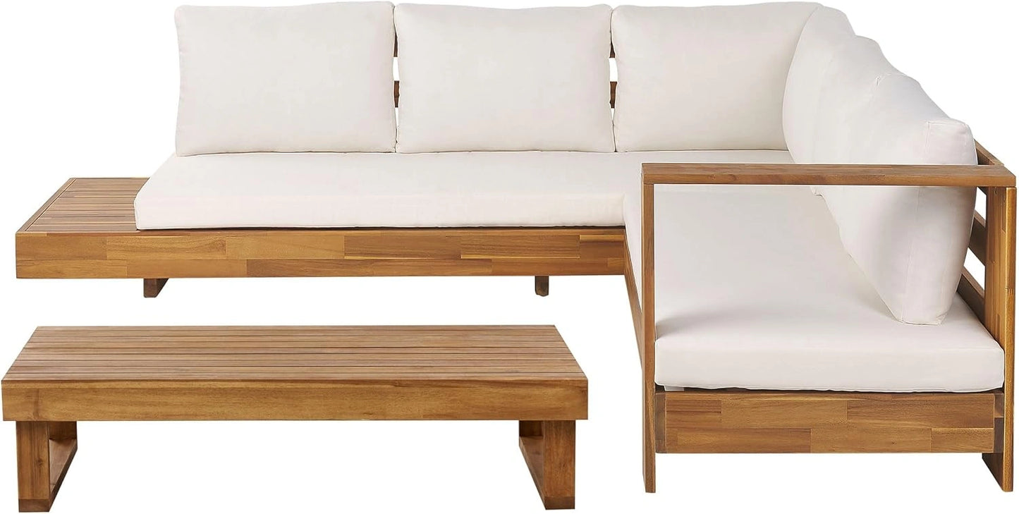 Salon de Jardin en Bois d'Acacia 5 Places avec Table Basse, Angle Gauche, Blanc