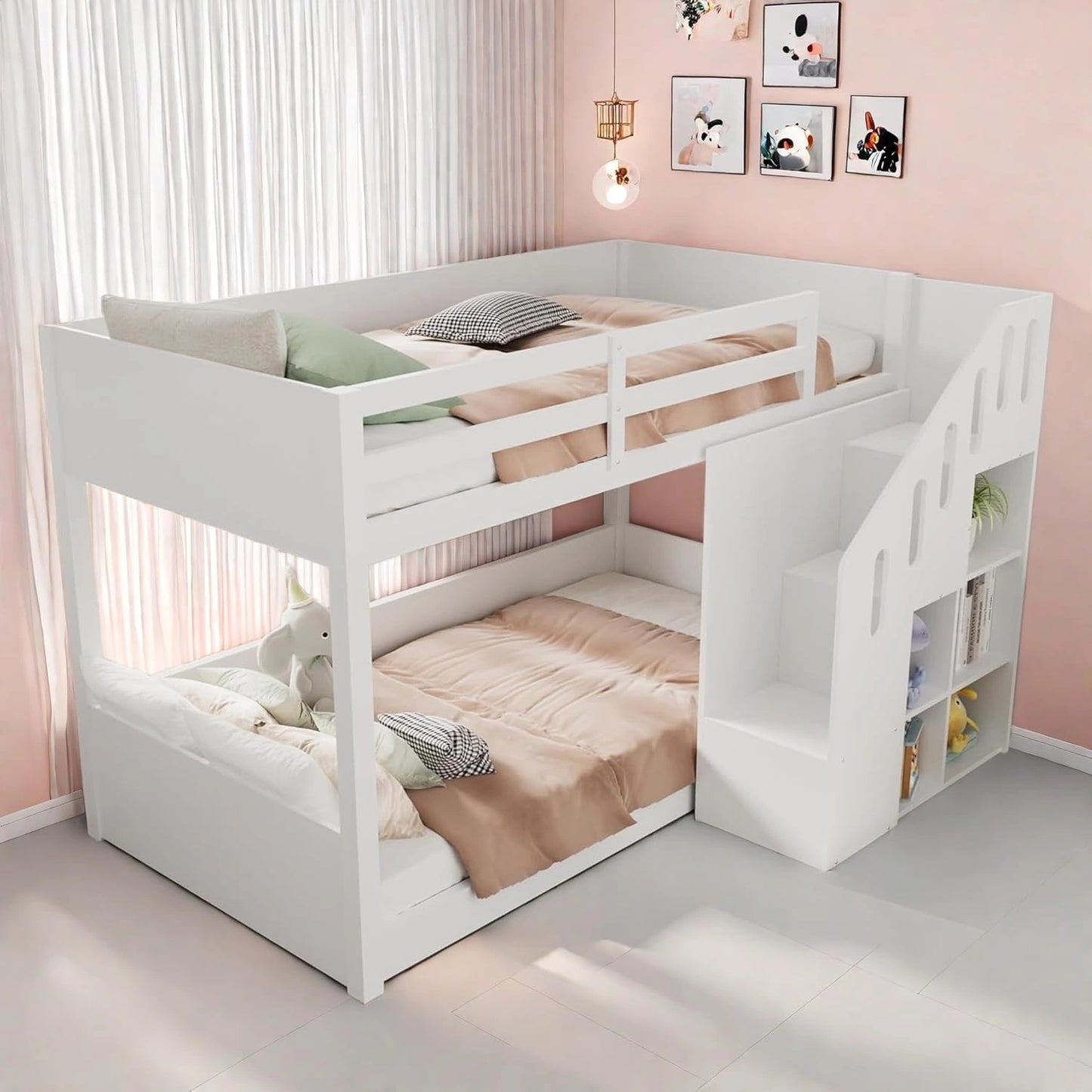 Lit Superposé Enfant 90x200 cm avec Escaliers et Rangement, Cabane Multifonctionnelle Blanche