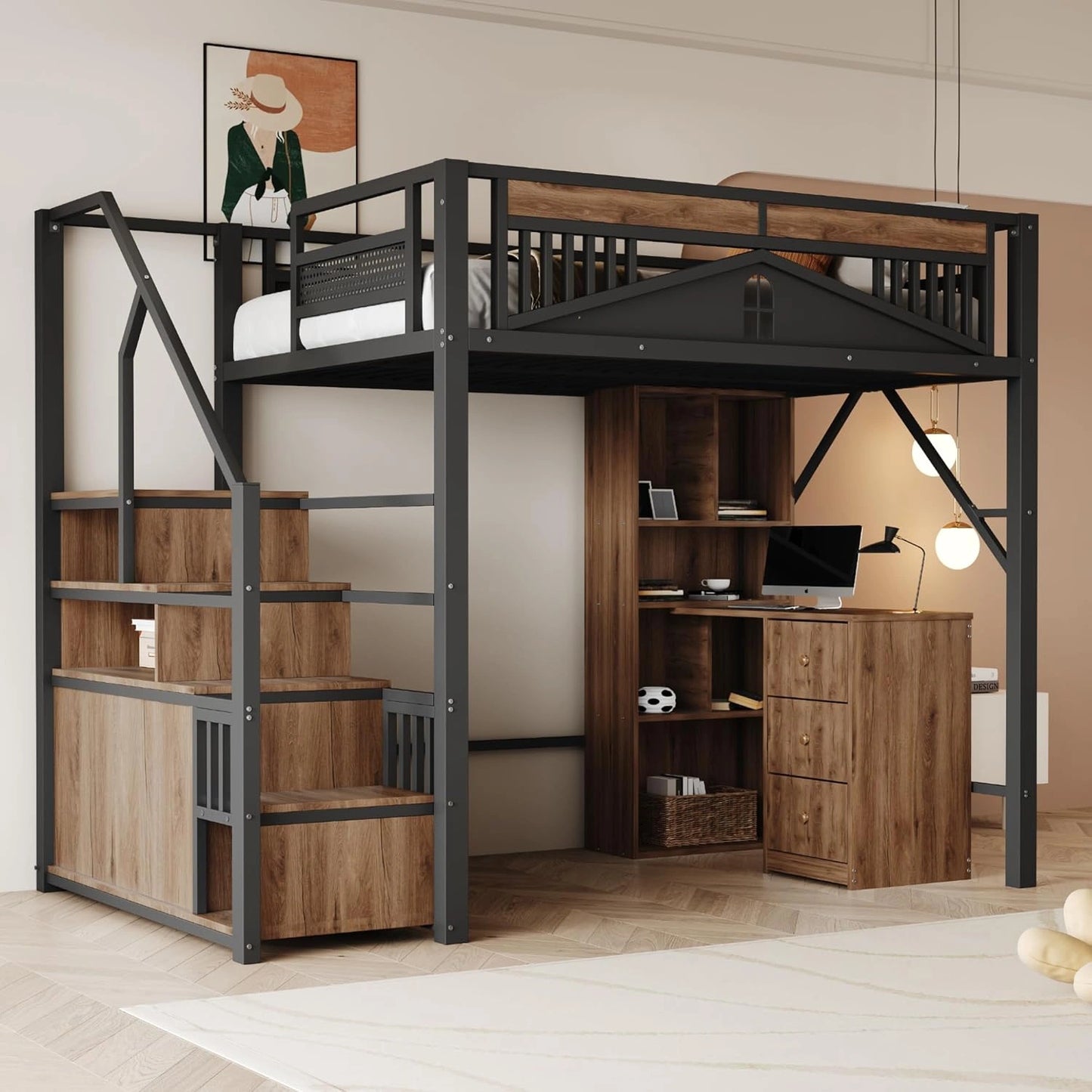 Lit mezzanine en métal 140x200 cm avec escalier et barrière de sécurité, Noir
