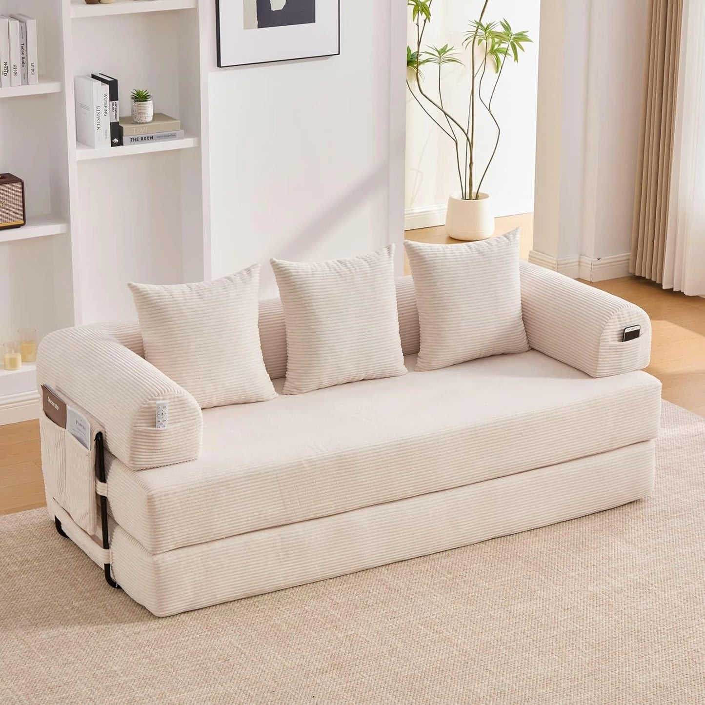 Sofa Convertible 2 Places en Velours Côtelé avec Poches et Coussins, Design Moderne pour Salon et Bureau (Beige-L)