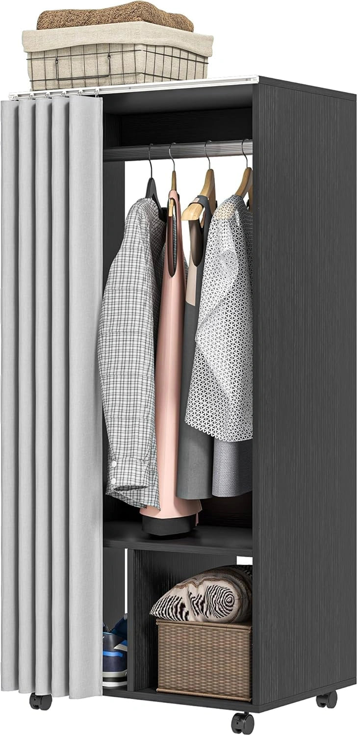 Dressing Mobile avec Rideau et Étagères Noir - 60x40x128 cm