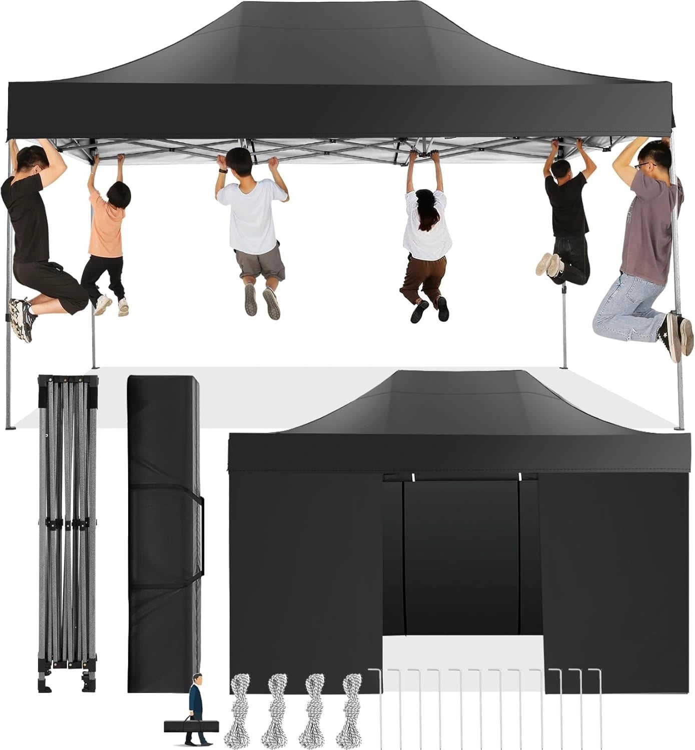 Tonnelle Pliante 3x4,5m Imperméable avec Parois Latérales, Anti-UV, pour Jardin, Plage et Terrasse - Noir