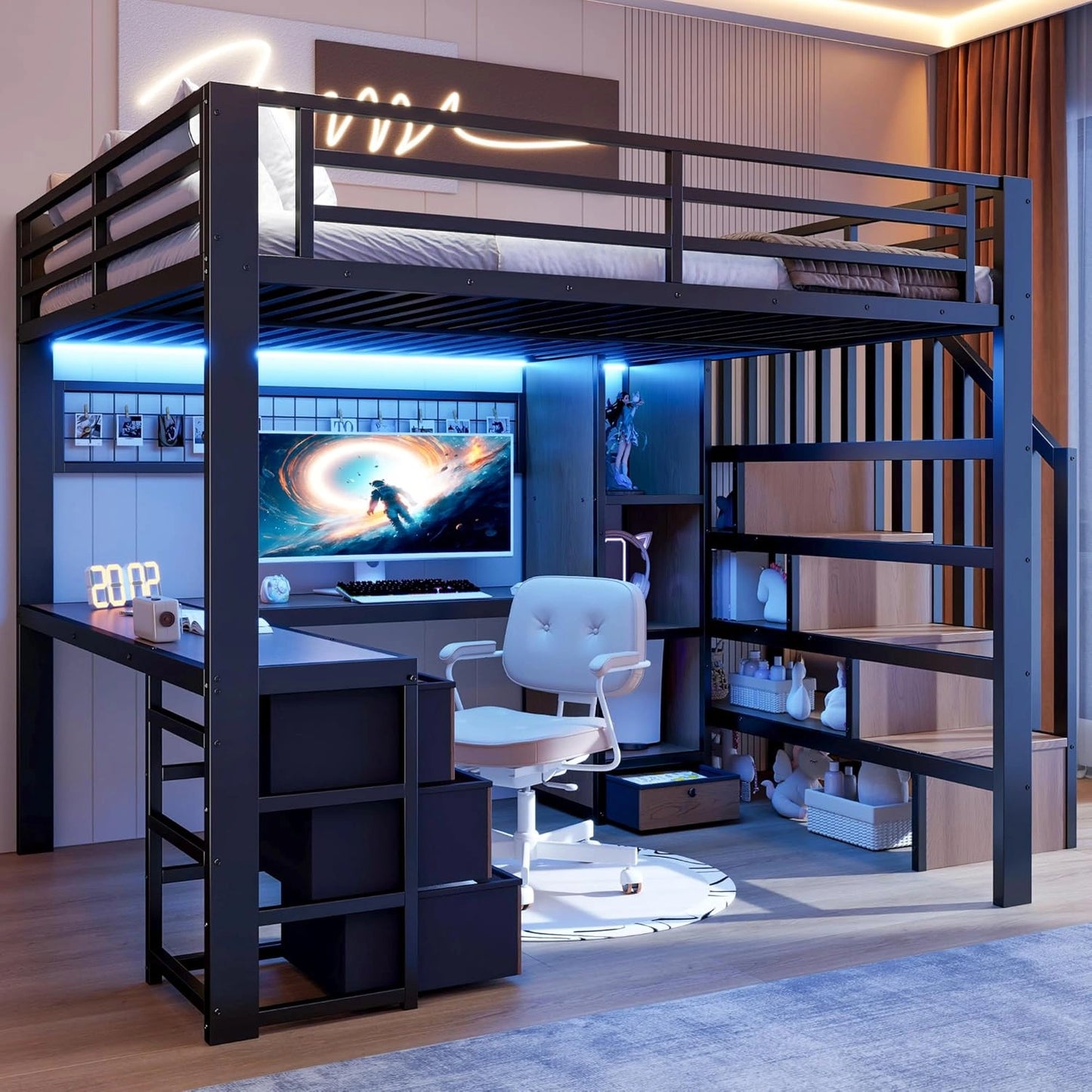 Lit Mezzanine 140x200cm avec LED et Bureau Intégré, Noir