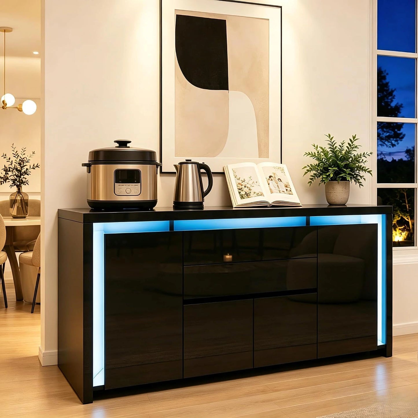 Buffet Moderne 4 Portes et 2 Tiroirs avec LED, Meuble de Rangement Brillant pour Salon et Cuisine