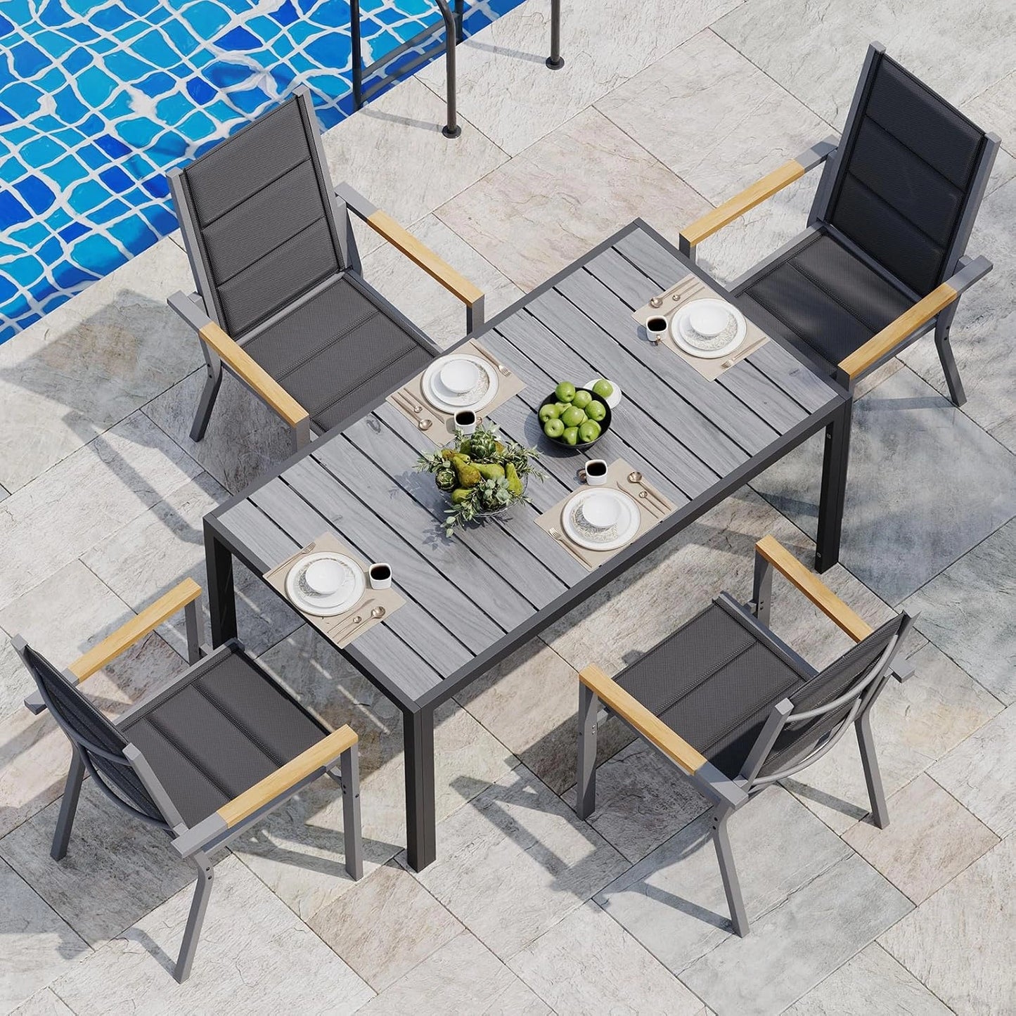 Ensemble de Jardin JUMMICO avec Table en Aluminium et 4 Fauteuils Empilables, Gris – Résistant et Facile à Nettoyer pour Terrasse et Balcon