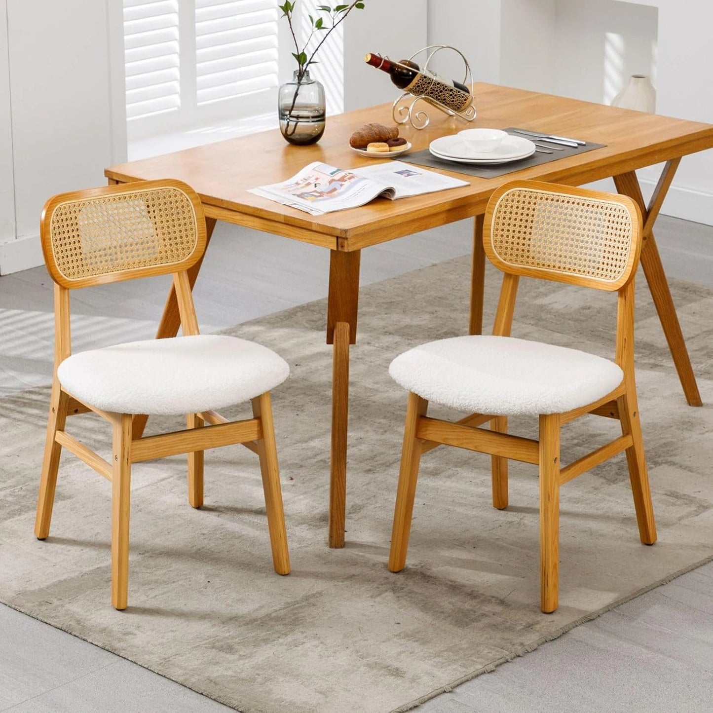 Ensemble de 2 Chaises de Salle à Manger en Rotin avec Coussin Douillet, Beige