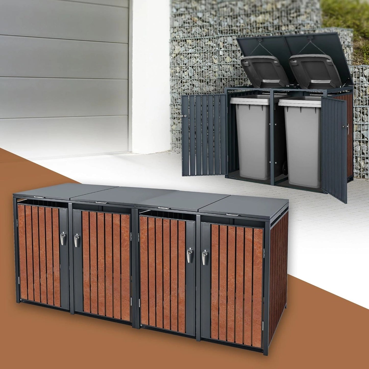 Meuble de Rangement pour Poubelles 240L, Acier Corten, Anthracite, avec Portes et Couvercle Rabattable