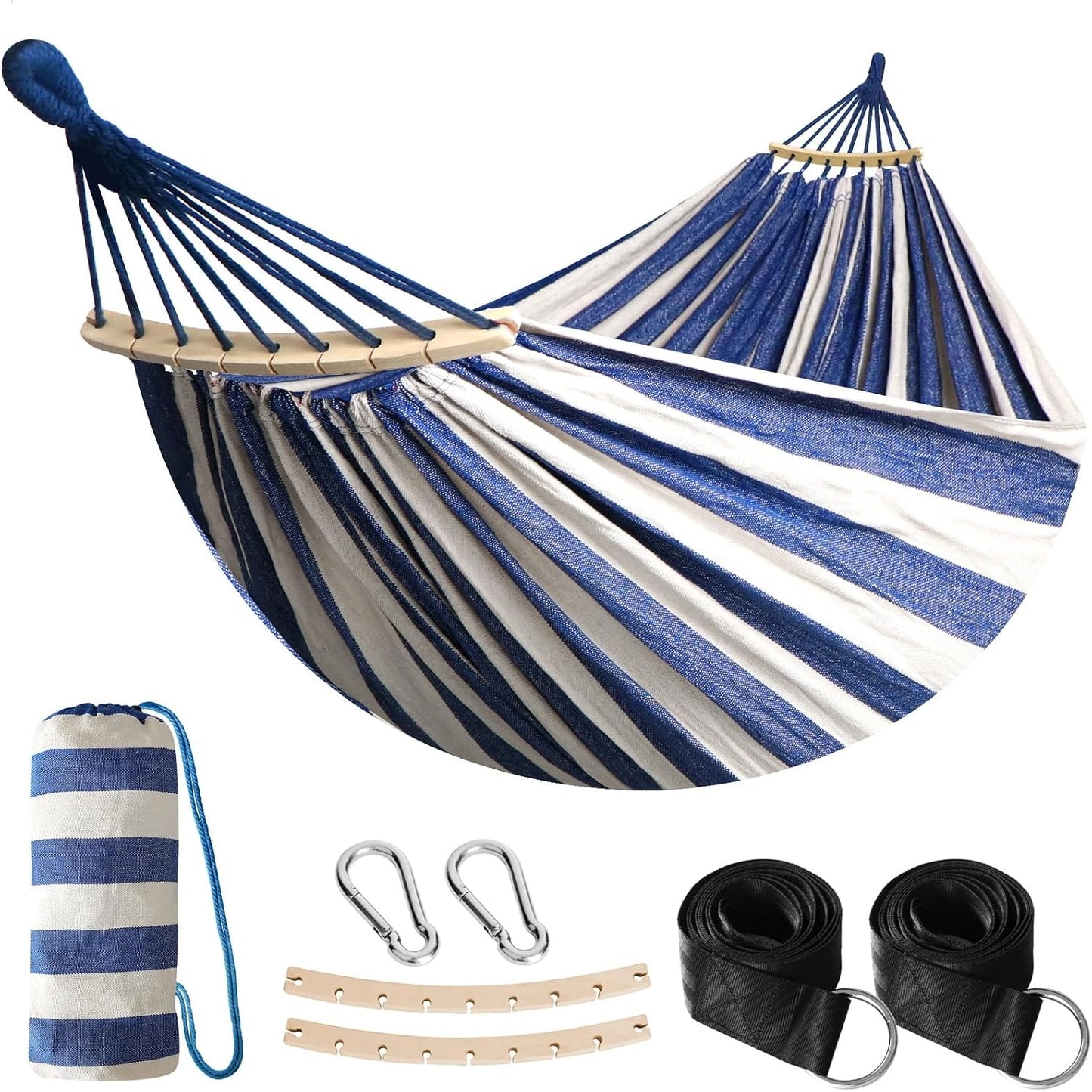 Hamac de Jardin Anyoo avec Barres en Bois, Portable et Confortable, Accessoires Inclus, Pour Intérieur/Extérieur, Bleu/Blanc