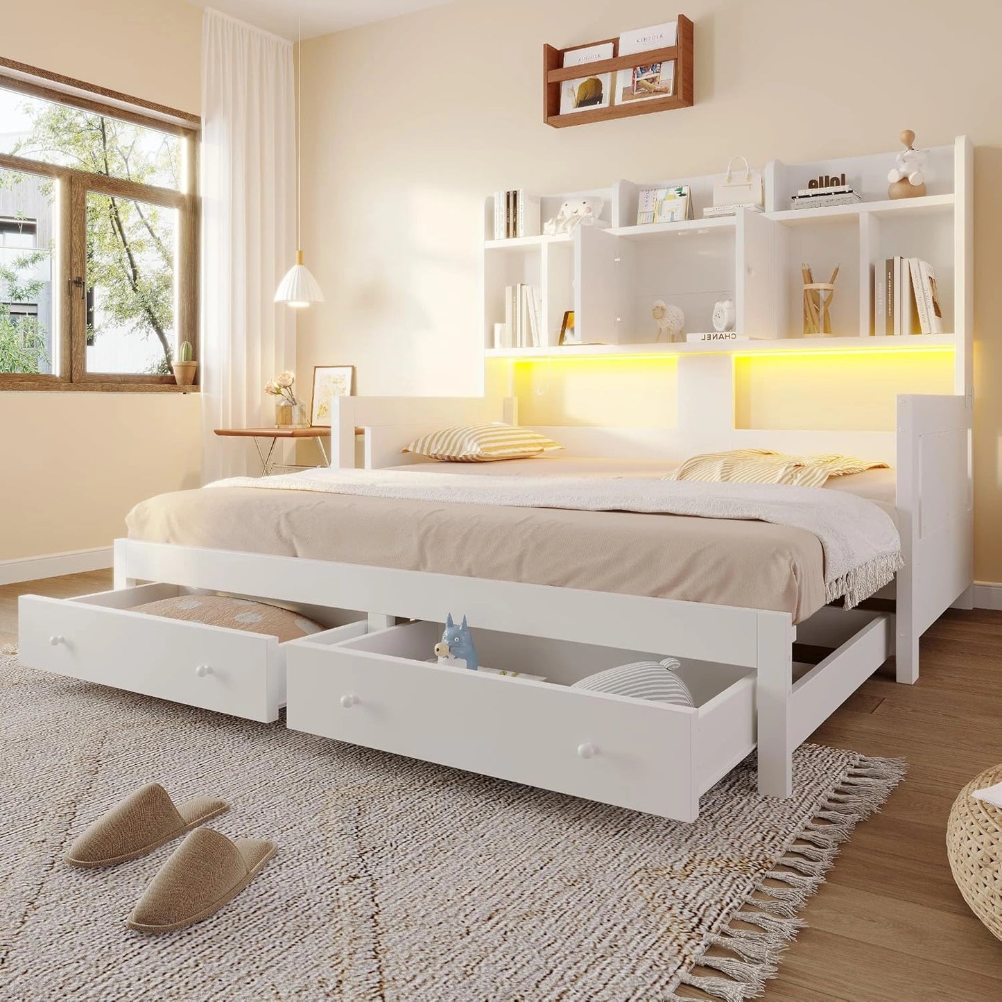 Canapé-lit Multifonction en Bois avec LED et Prises, 90/180x190 cm, Blanc