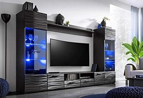 Ensemble de Meubles Muraux MODIC 260 cm avec Vitrine et LED Noir Brillant