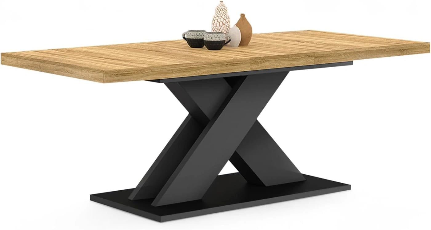 Table à Manger Extensible Alicia en Bois et Noir pour 6 à 10 Personnes - 160-200 cm