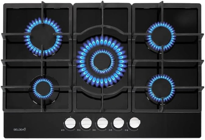 Table de cuisson gaz 5 foyers en verre noir - Puissance 10 800W - Grilles fonte, encastrement 56x49 cm