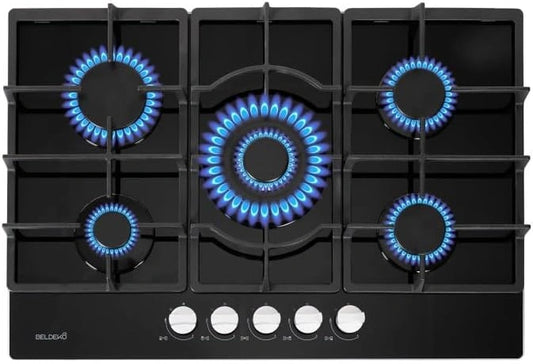 Table de cuisson gaz 5 foyers en verre noir - Puissance 10 800W - Grilles fonte, encastrement 56x49 cm