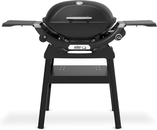 Barbecue à gaz Weber Q 2200N avec tablettes pliantes et support, idéal pour balcons, brûleurs puissants, grilles en fonte émaillée, noir