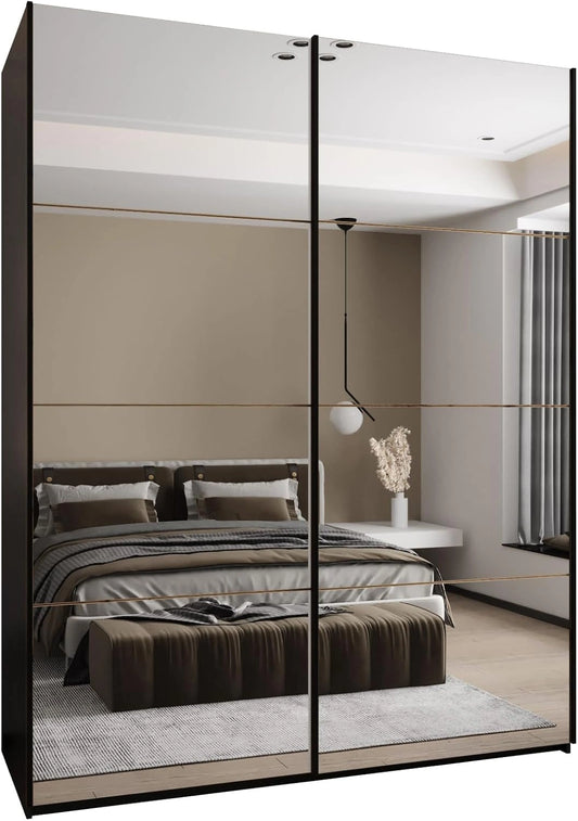 Armoire ABIKSMEBLE LUX 2 Portes Coulissantes avec Miroir, Fermeture Douce - Système HETTICH Topline L - pour Salon et Chambre - 245,5x200x64cm - Noir et Artisan