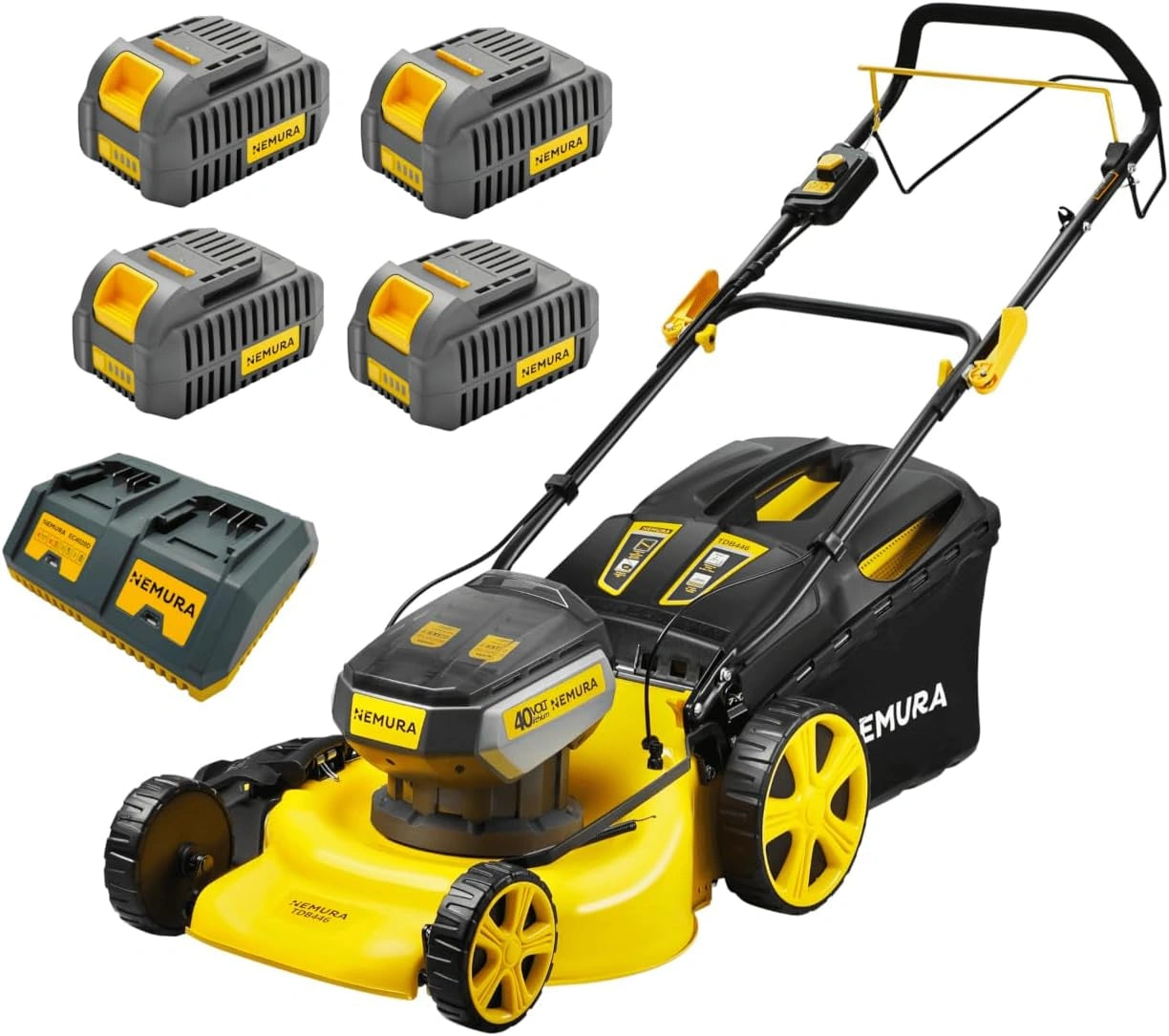 Tondeuse à Gazon Sans Fil 80 V avec Mulching - Largeur de Coupe 46 cm - Surface Jusqu'à 1000 m² - Inclut 4 Batteries 4Ah et Chargeur Double