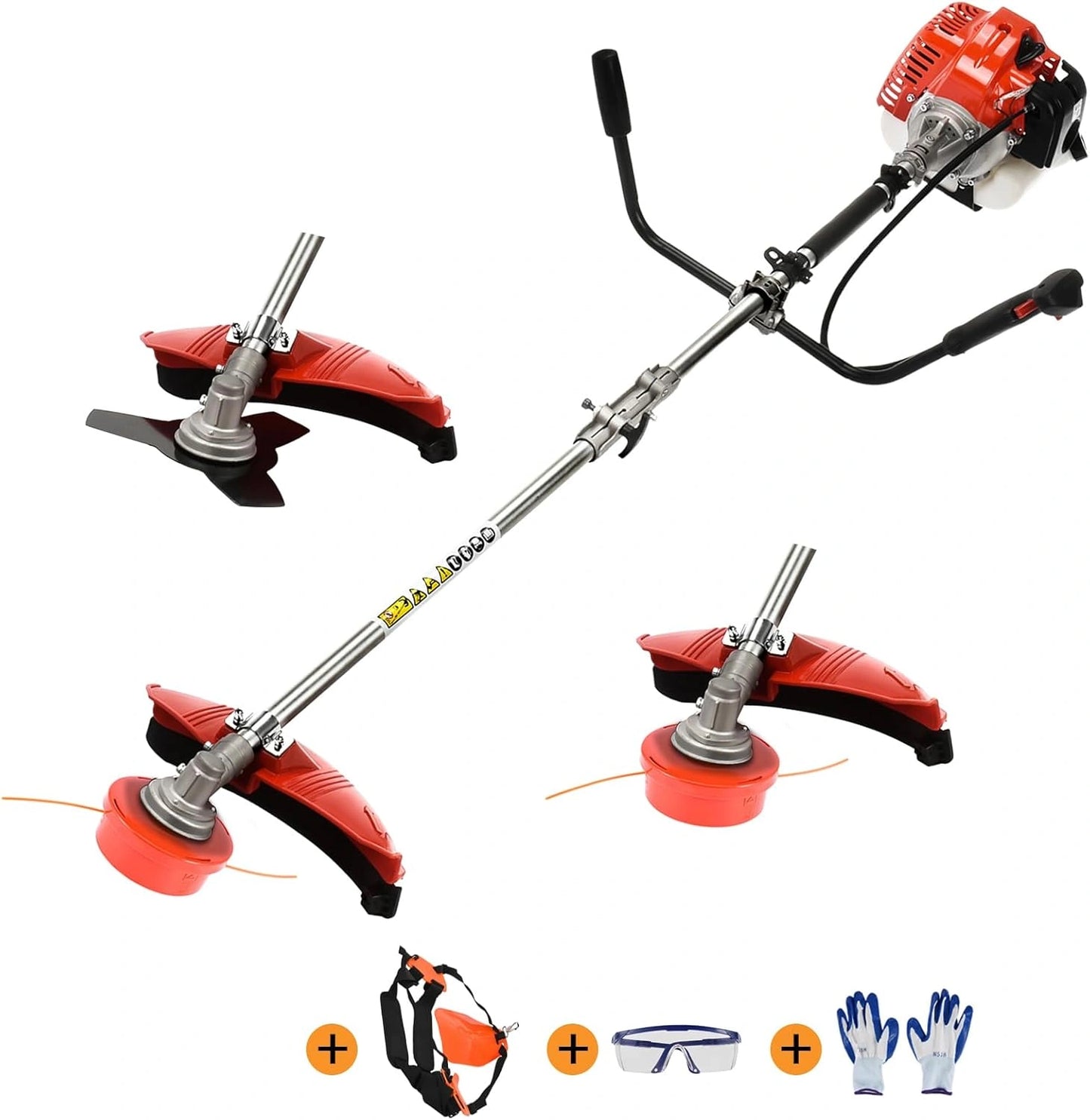 Débroussailleuse Thermique 52cc 2 Temps 2.2KW avec Harnais de Portage, Lame 3 Dents et Tête Nylon - Jardin et Débroussaillage (Rouge)