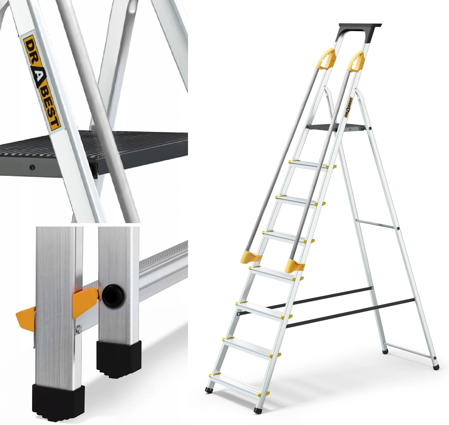 Échelle Ménagère en Aluminium 8 Marches avec Mains Courantes, Capacité 150 KG