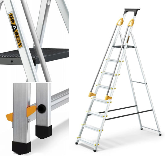 Échelle Ménagère en Aluminium 8 Marches avec Mains Courantes, Capacité 150 KG