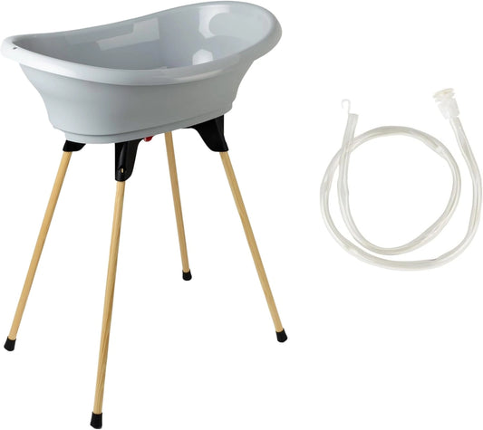 Ensemble de Bain pour Bébé THERMOBABY - Baignoire Pliante avec Support en Bois et Tuyau de Vidange - Design Innovant et Breveté - Compatible avec Transat - Fabrication Française - Gris Élégant