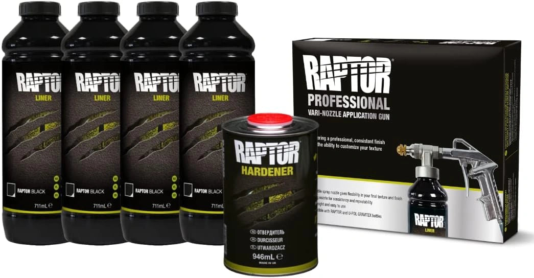 Kit de revêtement protecteur RAPTOR - 4 x 3,79L avec durcisseur, couleur noire + pistolet réglable professionnel
