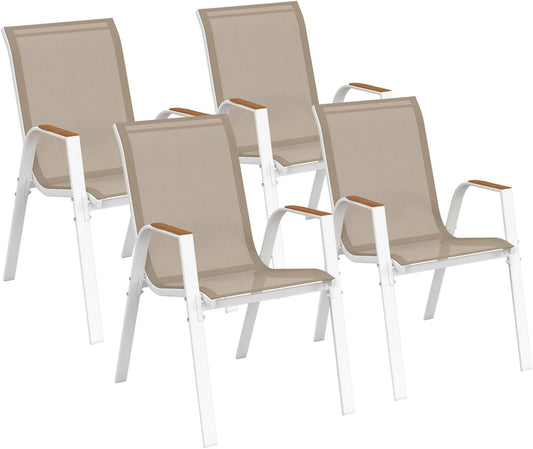 Ensemble de 4 chaises de jardin NOUMEA en métal et textilène empilables - Blanc et Bois