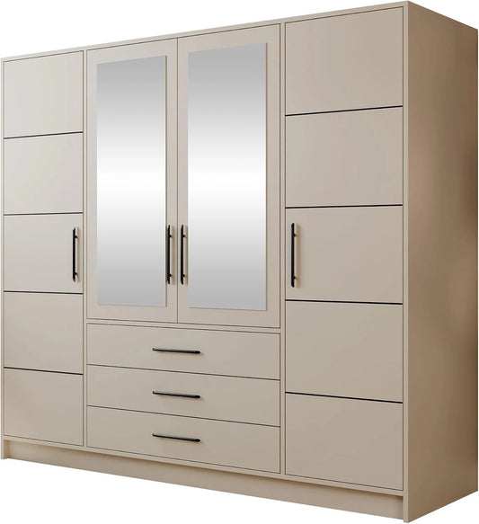 Armoire Élégante 4 Portes avec Miroirs et Tiroirs pour Chambre