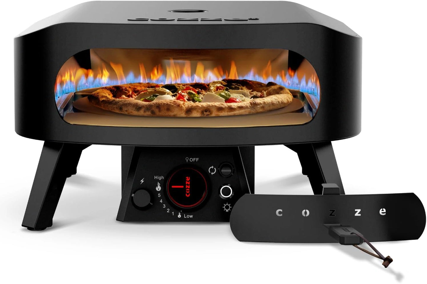 Cozze® Four à Pizza à Gaz Rotatif Noir 13" - Pierre 34,5 cm - 600°C - Prêt en 2 Minutes