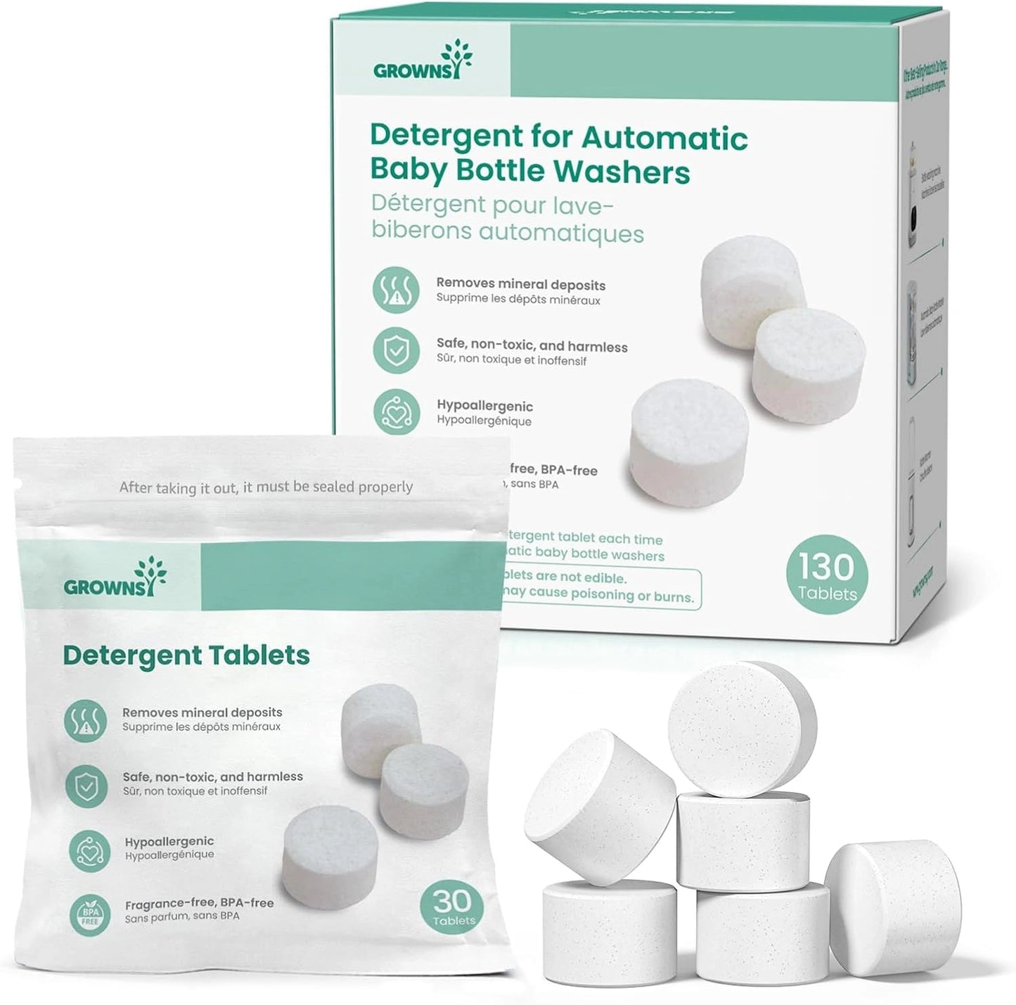Tablettes de Nettoyage pour Biberons, Compatibles avec Lave-Biberons, 130 Pièces, Sans Parfum et Sûres pour Bébés