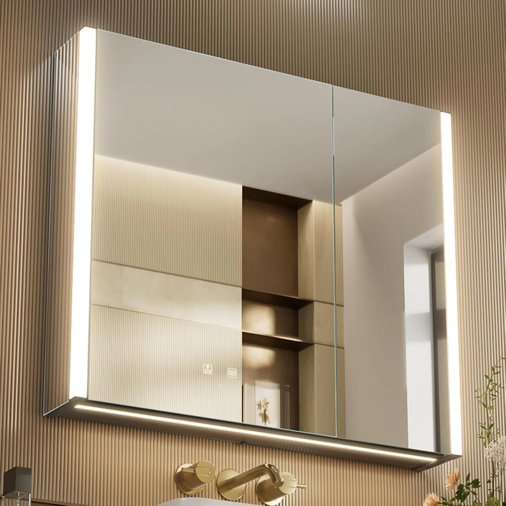 Armoire de Salle de Bain avec Miroir LED, Température Ajustable, Anti-buée, Prise USB, Deux Portes 80x70 cm