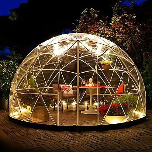 Tente Dôme de Serre de Jardin en PVC Résistante aux Intempéries avec 2 Guirlandes Lumineuses, 12x7ft Transparente pour Fête en Plein Air