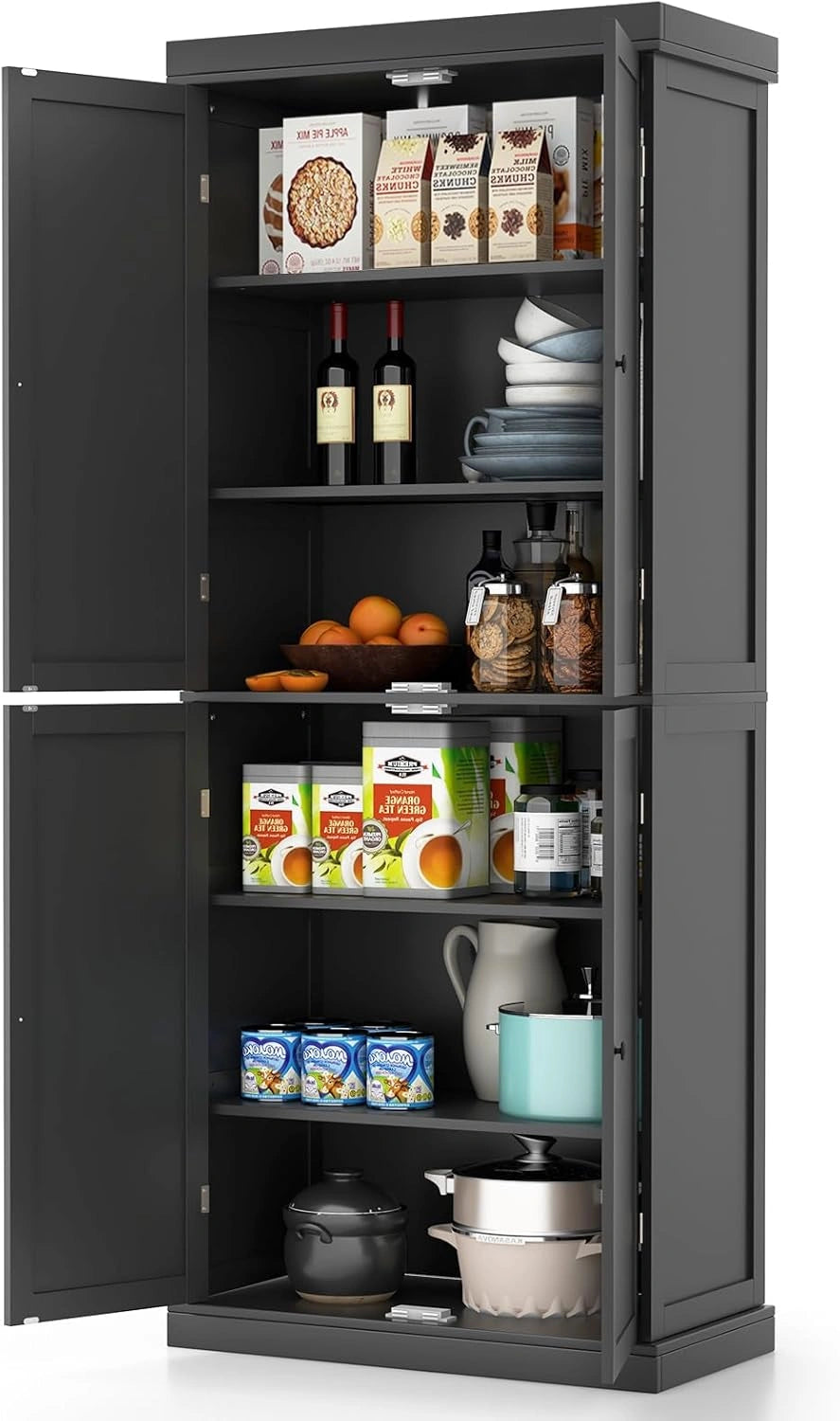 Buffet de Cuisine Moderne 4 Portes avec Armoire à 6 Niveaux et Étagères Réglables, 76 x 40 x 184,5 cm - Noir