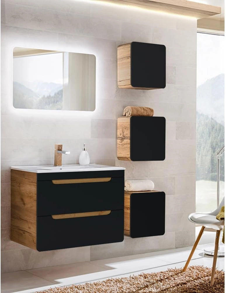 Ensemble de salle de bain anthracite avec lavabo en céramique, miroir LED et armoires murales