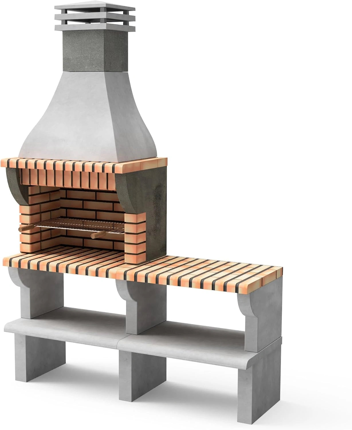 Barbecue en béton réfractaire Maipu XL avec support latéral - Gris/Orange, 165x58x245 cm - Double grille pour cuisine extérieure