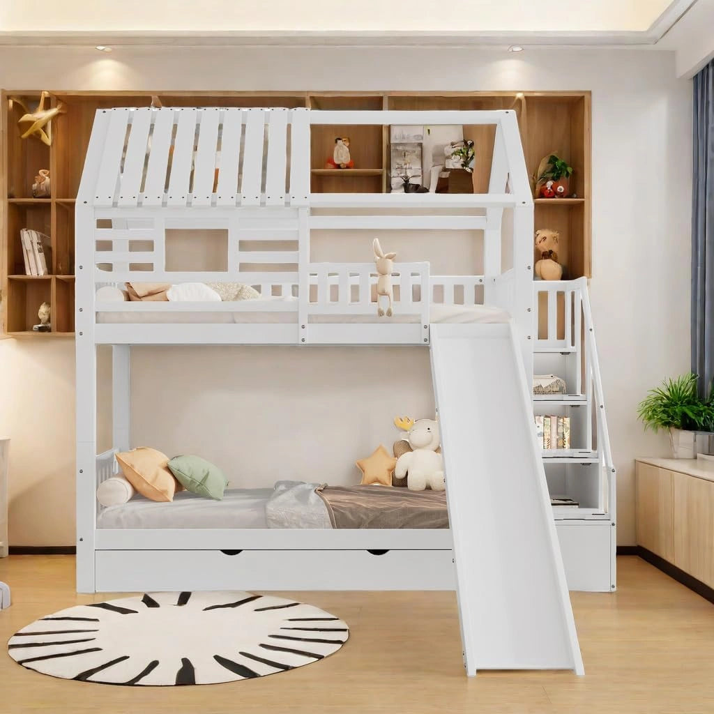 Lit Cabane pour Enfants 90x200 avec Toboggan et Rangement, Lit Superposé Blanc avec Fenêtre et Toit, Sécurité Enfants avec Barrière