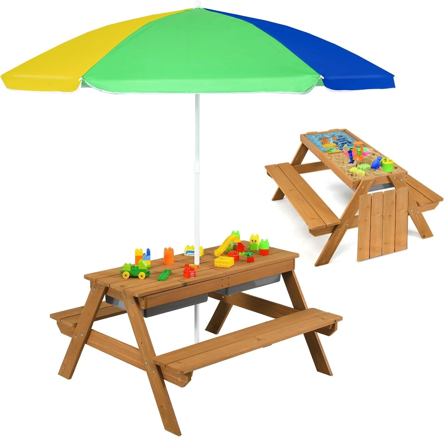 Table de Pique-Nique pour Enfants 3 en 1 avec Parasol et Plateau Amovibles, Inclut Bacs Sable & Eau, Intérieur Extérieur, 4 Places, 3-7 Ans, Capacité 50kg