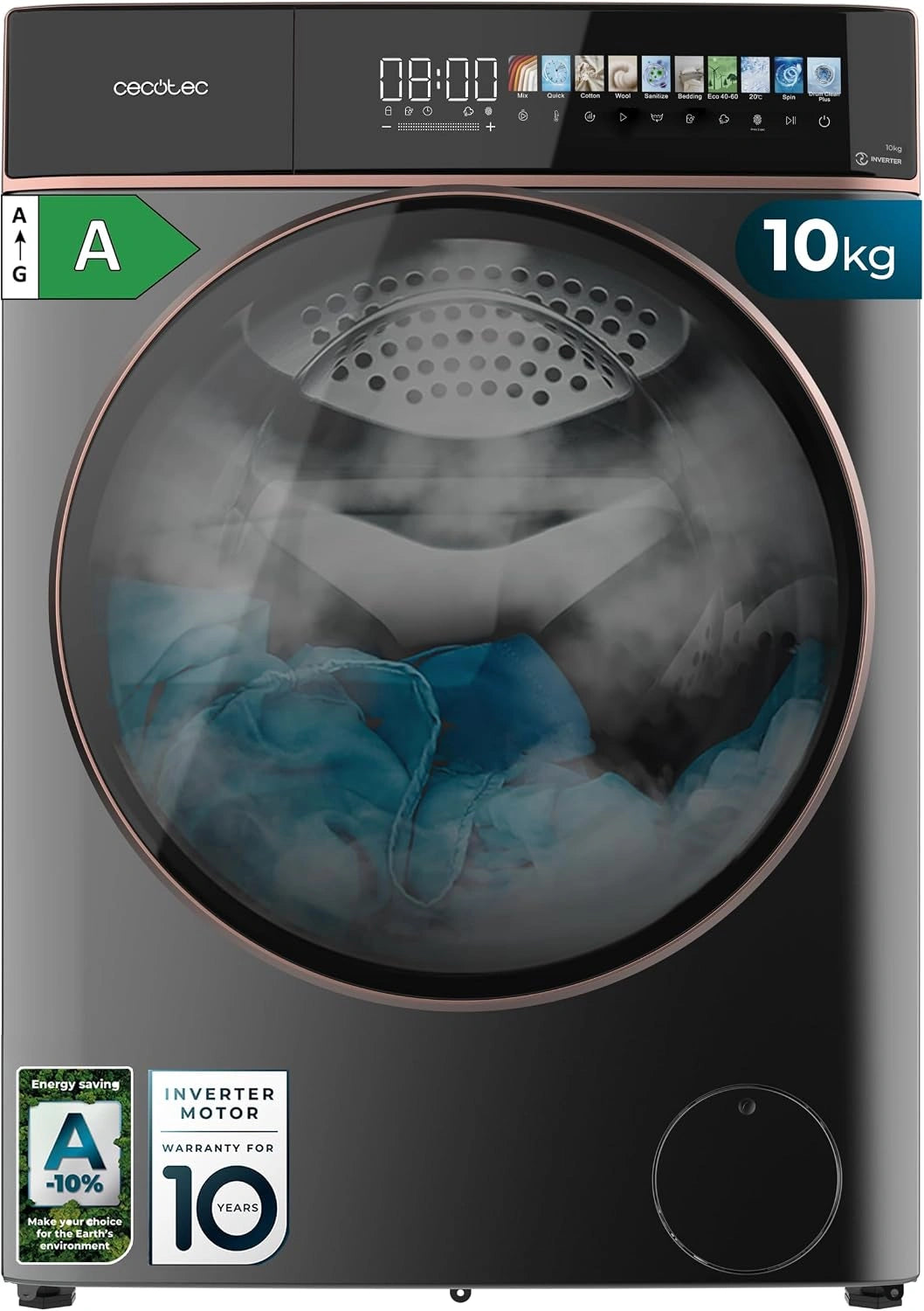 Cecotec Machine à Laver Frontale Bolero 10 kg, 1400 tr/min, Écran 10,3", Technologie Inverter, Fonction Vapeur, 11 Programmes, Efficacité Énergétique Classe A