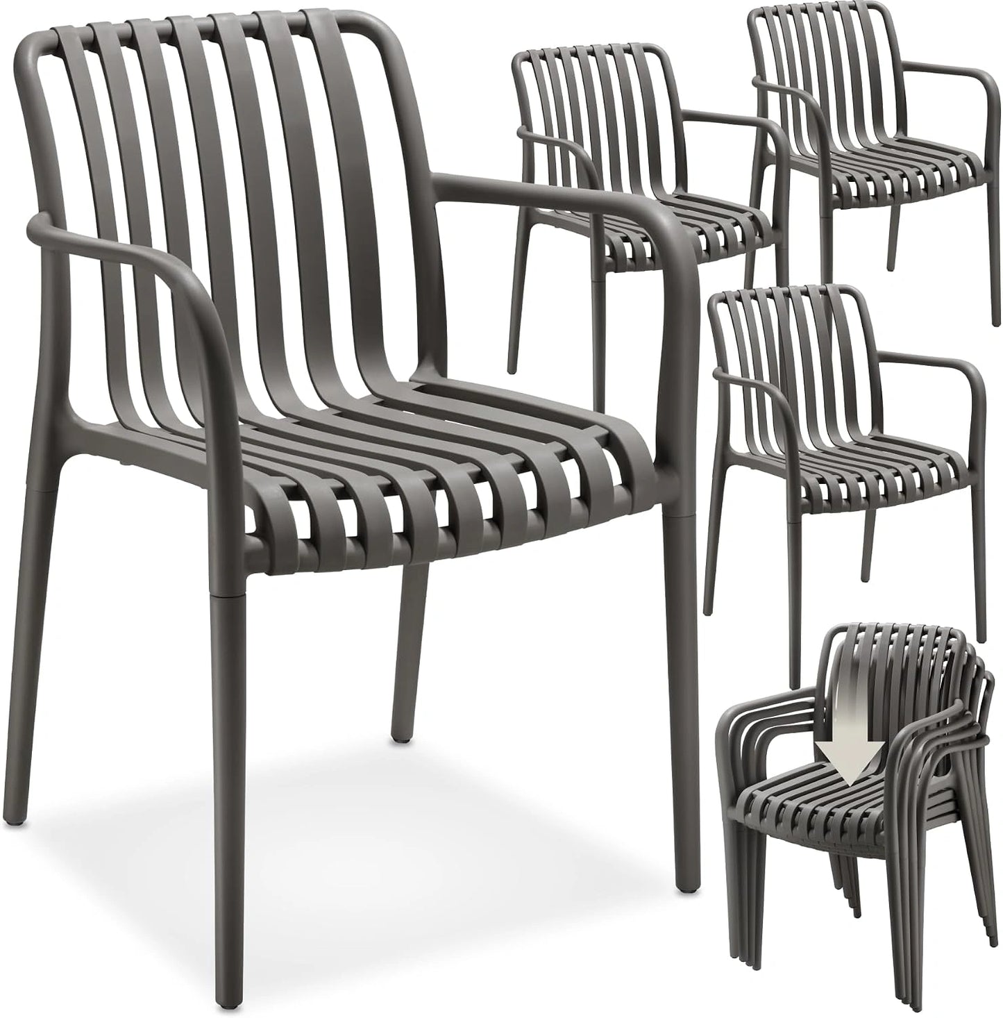 Ensemble de 4 chaises de jardin empilables avec accoudoirs - Résistantes aux intempéries - Capacité 120 kg - Pour balcon et terrasse - Anthracite