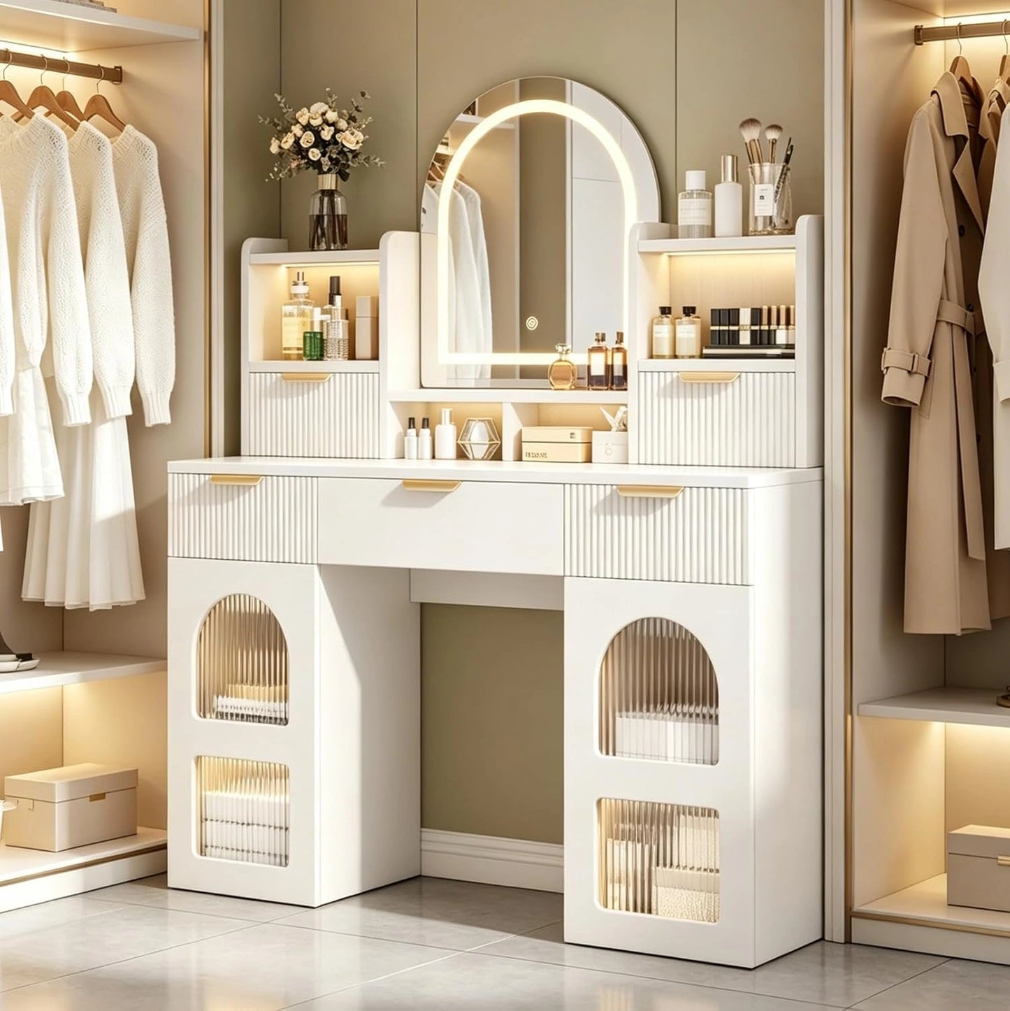Coiffeuse LED avec Miroir à Luminosité Réglable, Rangement Spacieux avec Étagères et Tiroirs pour Chambre